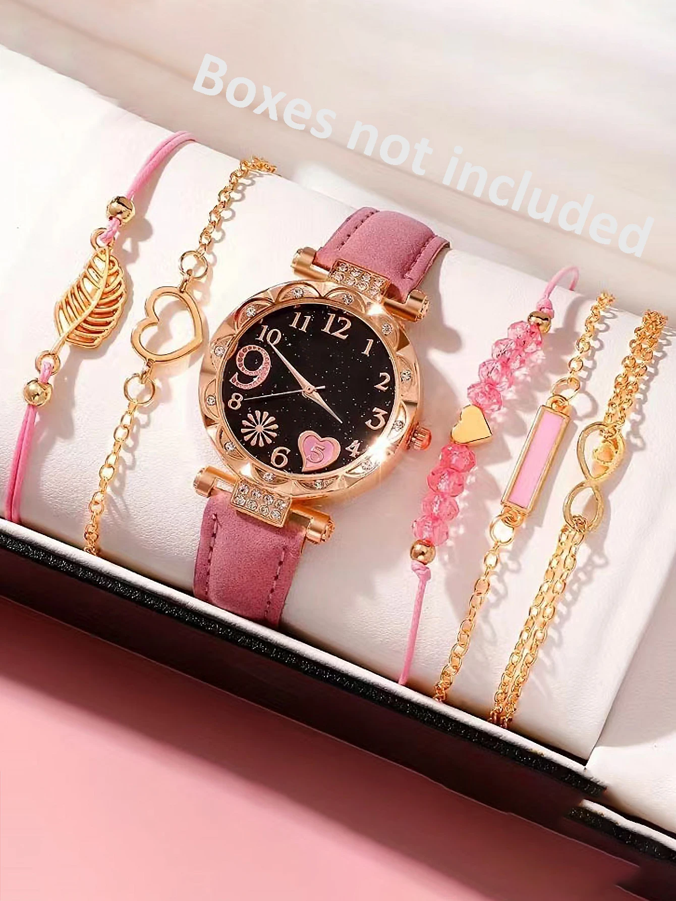 5Pcs 여성용 핑크 스웨이드 스트랩 시계 세트, 하트 - Suede Strap Watch 리뷰 및 가격